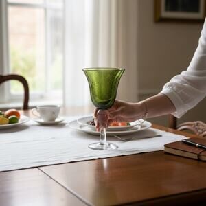 Lot of 7 Hand Blown Green Bubble Glass Goblets 8” Heavy Stem Water/Wine Glasses